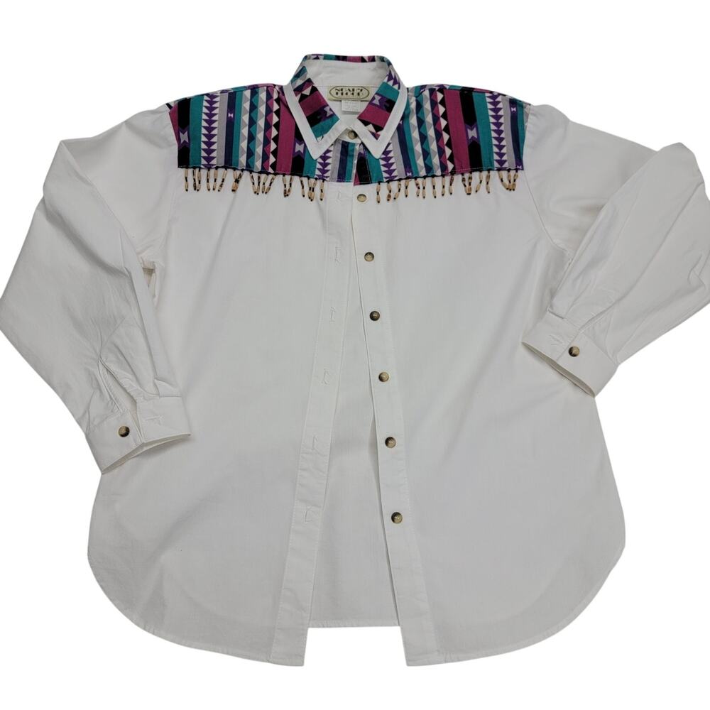 Vintage Noah's Flood Dallas TX Western Shirt Beaded Fringe Southwest White M L